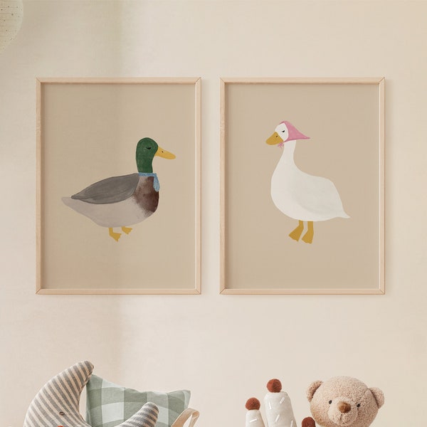 Duck and Goose Wall Art Printable, Girl Room Poster Set of 2 Boy Room Decor, Farm Animal Nursery Print, Cute Animal Nursery Decor, Baby Room