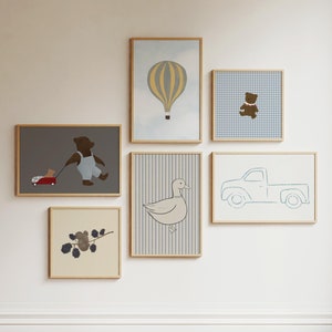 Boy Nursery Gallery Wall Set of 6 Boy's Room Print Set Adventure Nursery Teddy Bear Wall Art Blue Truck Print Hot Air Balloon Nursery Art image 1