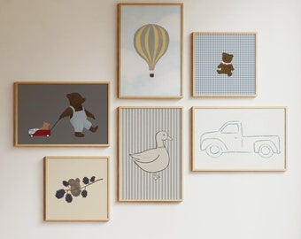 Set di 6 stampe da parete per cameretta dei bambini, stampe da parete con orsacchiotto, stampe da parete con camion blu, stampe da parete con mongolfiera per cameretta dei bambini
