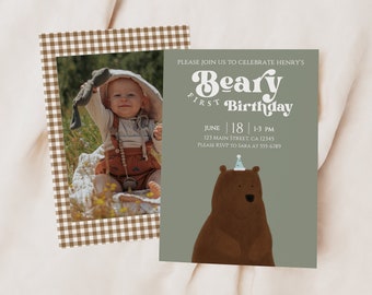 Beary eerste verjaardagsuitnodiging, Bear 1e verjaardag uitnodigen, iemand Beary Sweet, Bear Party Hat, bosrijke verjaardag, bewerkbare, sjabloon