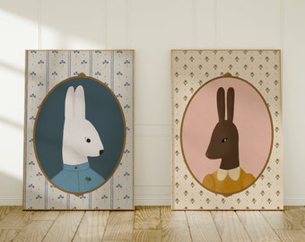 Vintage Rabbit Print, Kids Room Wall Art Woodland, Animal Portrait, Rabbit Art Print, Rabbit Nursery Printable, Kids Room Illustration Set
