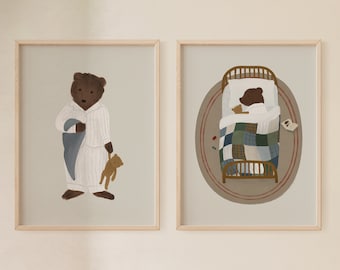 Urso berçário arte da parede do quarto do menino conjunto de impressão bonito urso impressão urso ilustração floresta berçário decoração floresta animal quarto do bebê para impressão