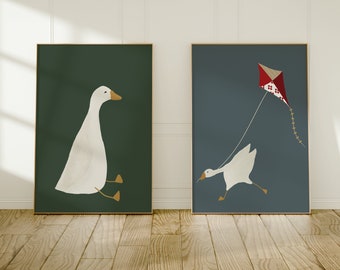 Silly Goose Wall Art Cute Goose Poster Dark Green Boy Nursery Decor Farm Animal Print Set Kid's Room Illustration Goose Farm Nursery Decor