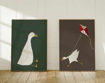 Silly Goose Wall Art, Cute Goose Poster, Dark Green Boy Nursery Decor, Farm Animal Print Set, Kid's Room Illustration, Goose Children's Room