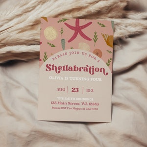 Modèle d’invitation d’anniversaire Shellabration, invitation de coquillage, invitation d’anniversaire de sirène, shellabrate, étoile de mer, invitation de coquille rose, modifiable