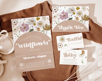 Kleine Wildflower baby shower uitnodiging set sjabloon, meisje Wildflower bewerkbare uitnodiging afdrukbare, baby in bloei, Wildflower douchebundel