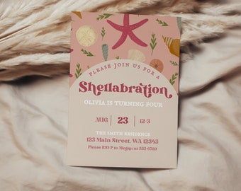 Shellabration verjaardagsuitnodiging sjabloon, Seashell uitnodigen, zeemeermin verjaardag uitnodigen, Shellabrate, zeester, roze Shell uitnodiging, bewerkbaar