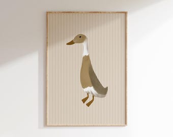 Vintage Duck Art Print Cottagecore Nursery Duck Printable Farm Nursery Decor Duck Print Beige Stripe Rustic Nursery Print Duck Wall Art