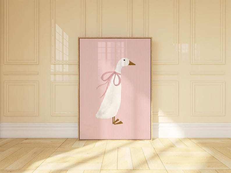May include: A white goose with a pink bow on its neck, standing on a pink and white striped background.