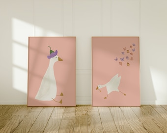Silly Goose Wall Art, Cute Goose Poster, Pink Girl Nursery Decor, Farm Animal Printable, Butterfly Wall Art, Pink Kid's Room Illustration