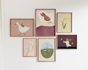 Habitación infantil caprichosa con pared de galería rosa para niñas, juego de galería para habitación infantil, arte pastel para habitación infantil, arte de conejito para habitación infantil, arte de hadas para habitación infantil, estampado de pato