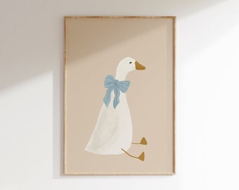 Silly Goose Wall Art Cute Goose Poster Beige Nursery Decor Farm Animal Printable, Blue Coquette Room Decor Girl's Room Goose with Bow Print