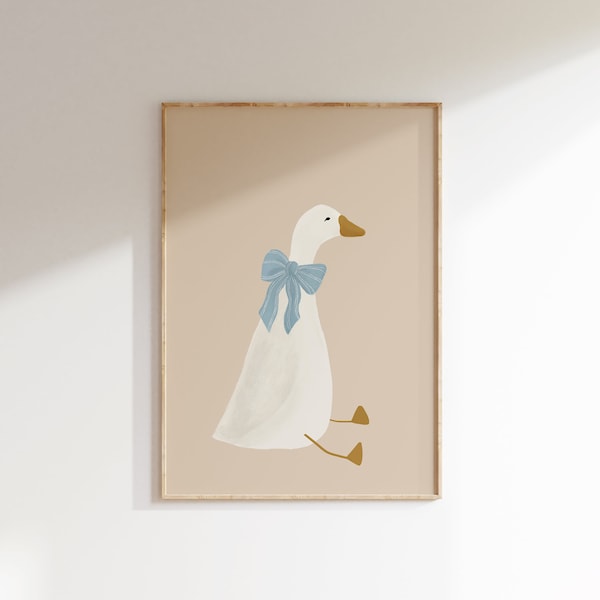 Silly Goose Wall Art Cute Goose Poster Beige Nursery Decor Farm Animal Printable, Blue Coquette Room Decor Girl's Room Goose with Bow Print