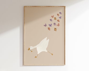 Silly Goose Wall Art Cute Goose Poster Girl Nursery Decor Beige Farm Animal Printable Girl's Room Poster Butterfly Wall Art Kid's Room Print