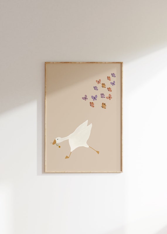 Silly Goose Wall Art Cute Goose Poster Girl Nursery Decor Beige Farm Animal Printable Girl's Room Poster Butterfly Wall Art Kid's Room Print