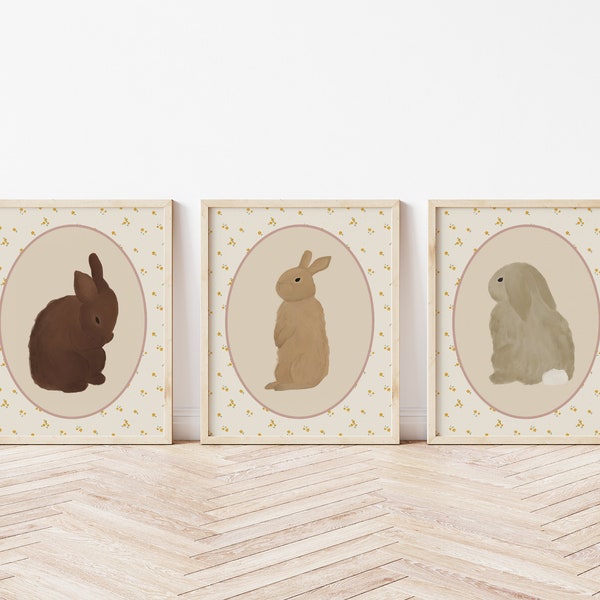 Bunny Nursery Print Set, Cute Bunny Printable, Bunny Nursery Art, Girl's Room Bunny Print, Woodland Nursery Girl, Floral Bunny Printable