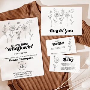 Little Wildflower Baby Shower Invitation Set, Minimalist Wildflower Invite, Boho Baby Shower, B&W Wildflower Invite, Editable, Template