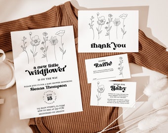 Little Wildflower Baby Shower Invitation Set, Minimalist Wildflower Invite, Boho Baby Shower, B&W Wildflower Invite, Editable, Template