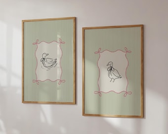 Wydruk z kaczką w stylu vintage, dekoracja pokoju dziecięcego Cottagecore, dekoracja pokoju dziecięcego, dekoracja pokoju małej dziewczynki, nadruk z gęsi, różowa kokarda, grafika ścienna z nadrukiem kaczki