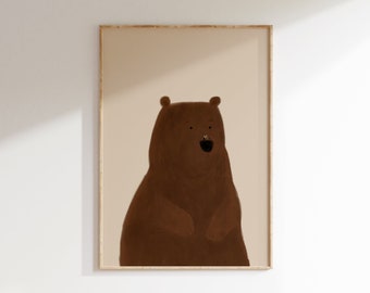 Nursery Bear Wall Art, Kids Room Print, Cute Bear Printable, Beige Bear Poster, Woodland Nursery Decor, Forest Animal Baby Room Printable