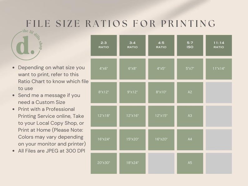 May include: A green chart with the title "File Size Ratios for Printing" and a list of different paper sizes and their corresponding aspect ratios. The chart is divided into five columns, each representing a different aspect ratio. The rows of the chart list different paper sizes, including 4x6 inches, 6x8 inches, 8x10 inches, 12x16 inches, 16x20 inches, 18x24 inches, and 20x30 inches.
