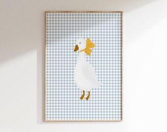 May include: A white goose with a yellow bow on its head, standing on a blue and white gingham background.