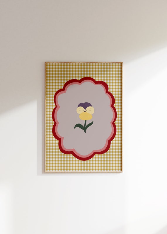 Flower Illustration Fun Girls Room Print Smiley Flower Kids Room Flower Printable Pansy Wall Art Bright Nursery Print Gingham Dopamine Decor