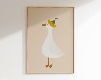 Silly Goose Wall Art Cute Goose Poster Neutral Girl Nursery Decor Goose Printable Yellow Girls Room Print Goose with Flower Hat Illustration