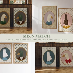 May include: Set of six printable wall art prints featuring illustrations of a duck, goose, and rabbit in various poses. The prints have a vintage aesthetic with a patterned background.