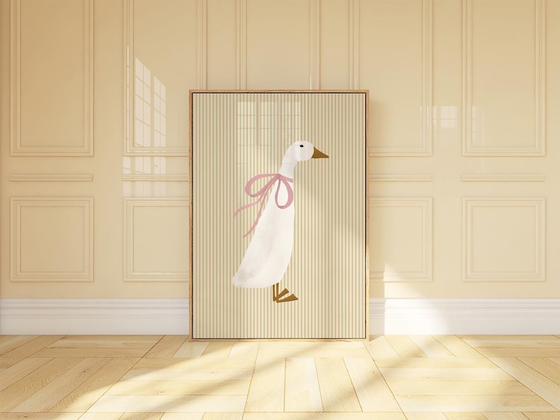 May include: A white goose with a pink bow on its neck is illustrated on a beige background with vertical stripes. The goose is facing right and has a long neck and beak.