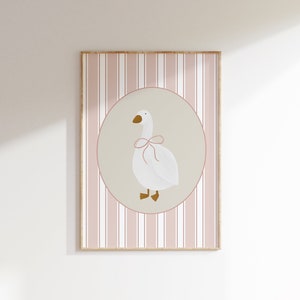 Poster Oie mignon rayures rose clair déco chambre d'enfant vintage esthétique ferme pépinière Decor chambre de fille impression d'oie noeud bleu Coquette Art