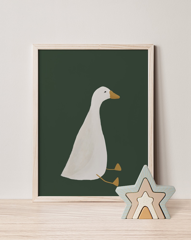 Silly Goose Wall Art, Cute Goose Poster, Dark Green Boy Nursery Decor, Farm Animal Printable, Kid's Room Illustration, Goose Children's Room image 2