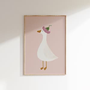 Arte de parede de ganso bobo pôster fofo de ganso decoração de berçário de menina rosa claro ganso para impressão impressão de quarto de meninas rosa ganso com ilustração de chapéu de flor