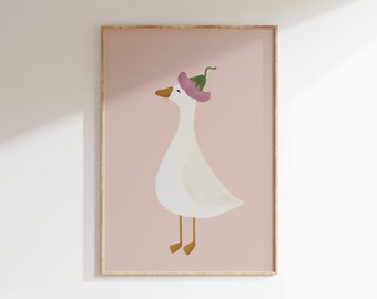 Silly Goose Wall Art Cute Goose Poster Pale Pink Girl Nursery Decor Goose Printable Pink Girls Room Print Goose with Flower Hat Illustration