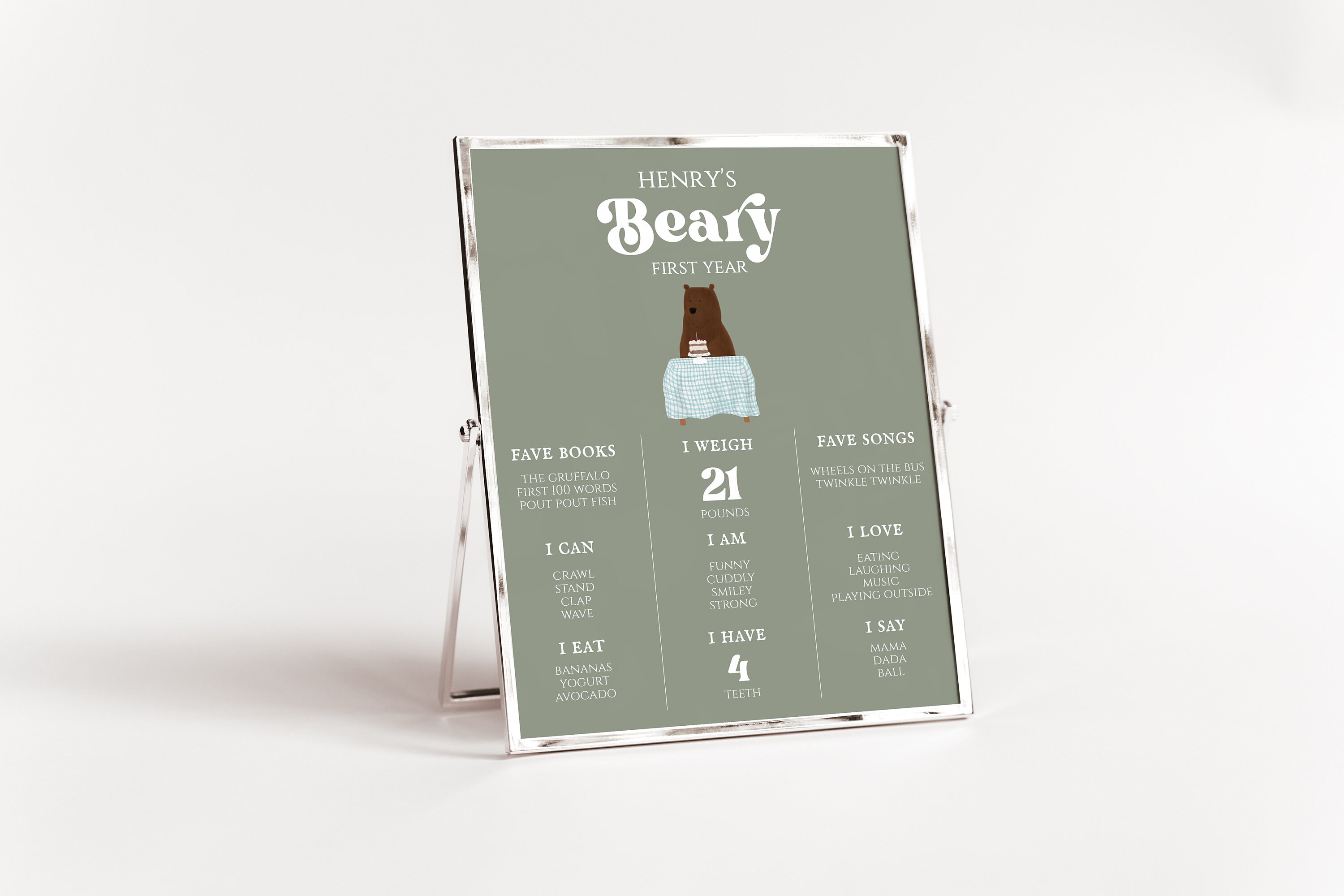 Editable Beary First Birthday Milestone Poster Bear 1st Birthday ...