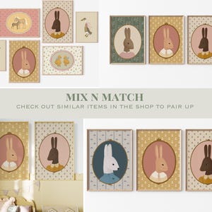 May include: A set of nine framed prints featuring illustrations of rabbits in various poses and colors. The prints have a vintage aesthetic and are perfect for a nursery or child's room. The prints are all framed in a simple, white frame.