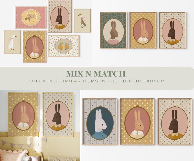 May include: A set of nine framed prints featuring illustrations of rabbits in various poses and colors. The prints have a vintage aesthetic and are perfect for a nursery or child's room. The prints are all framed in a simple, white frame.