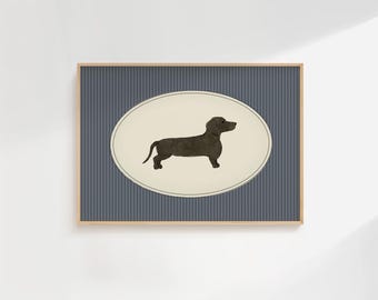 Dibujo de perro salchicha, arte azul marino para habitación de niño pequeño, arte de pared para guardería de perro, regalos para perro salchicha, estampado de perro de cabaña de rayas finas azules para guardería, póster de perro