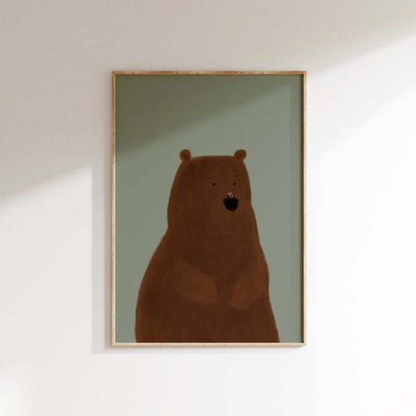 Nursery Bear Wall Art, Kids Room Print, Cute Bear Printable, Brown Bear with Bee, Woodland Nursery Decor, Forest Animal Baby Room Printable