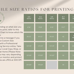 May include: A green chart with the title "File Size Ratios for Printing" and a list of different paper sizes and their corresponding aspect ratios. The chart is divided into columns for each ratio, with the sizes listed in inches.