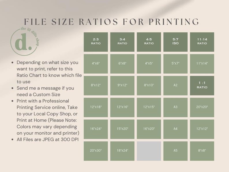 May include: A green chart with the title "File Size Ratios for Printing" and a list of different paper sizes and their corresponding aspect ratios. The chart is divided into columns for each ratio, with the sizes listed in inches.