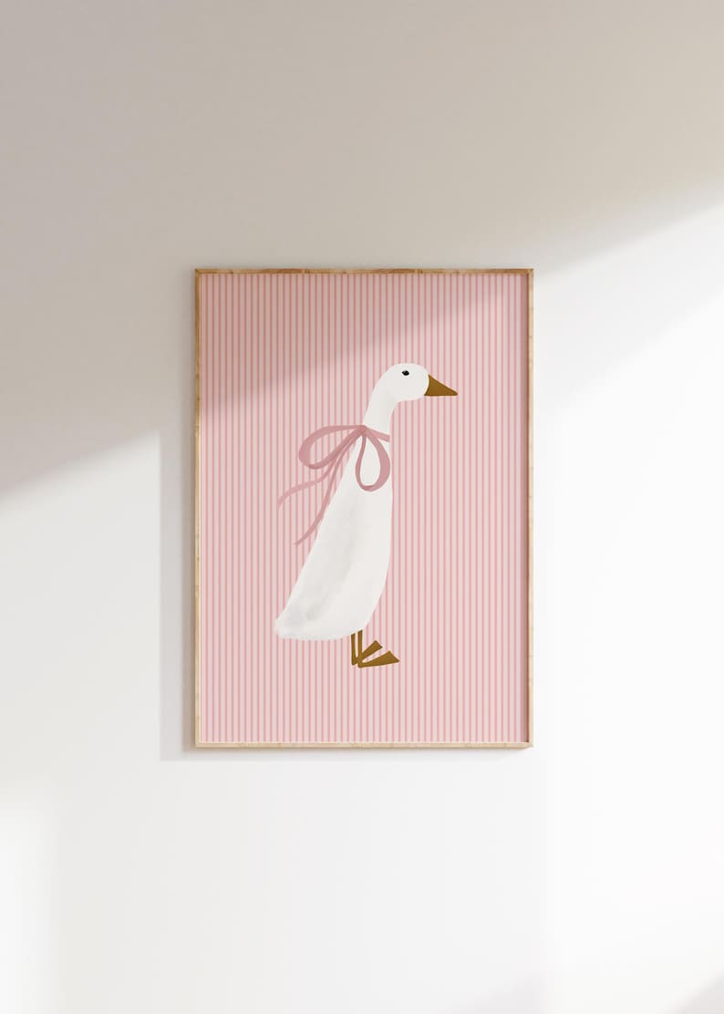 May include: A white goose with a pink bow on a pink and white striped background.