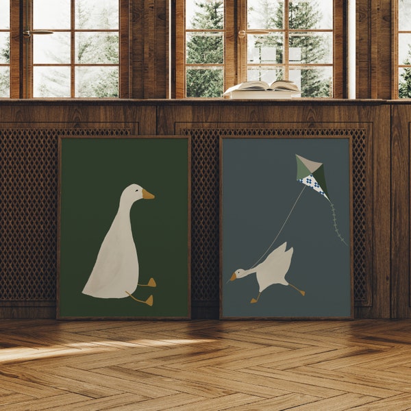 Silly Goose Wall Art, Cute Goose Poster, Dark Green Boy Nursery Decor, Farm Animal Print Set, Kid's Room Illustration, Goose Children's Room