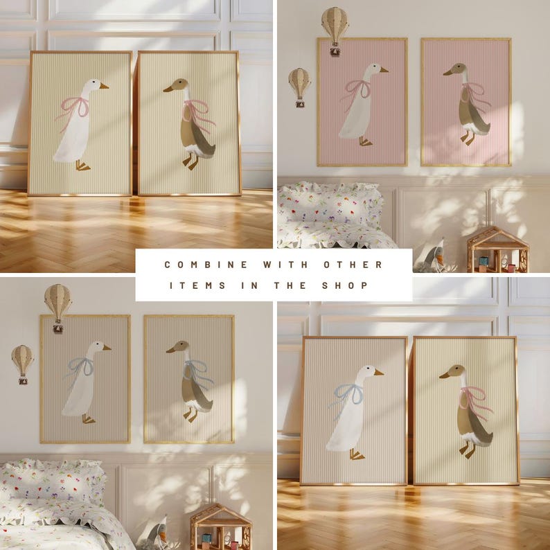 May include: Two sets of framed prints featuring illustrations of geese with blue ribbons. The prints have a cream background with vertical stripes. The text "COMBINE WITH OTHER ITEMS IN THE SHOP" is displayed below the prints.