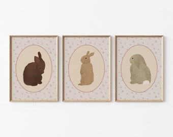 Bunny Nursery Print Set, Cute Bunny Printable, Bunny Nursery Art, Girl's Room Bunny Print, Woodland Nursery Girl, Floral Bunny Printable
