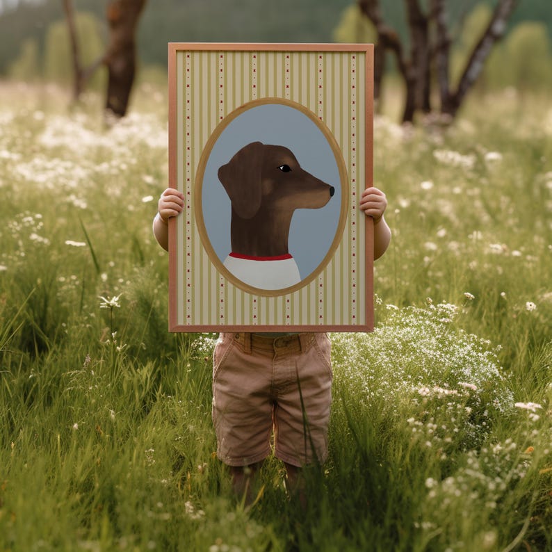 May include: A framed portrait of a dachshund dog. The dog is depicted in profile within an oval frame against a light blue background. The frame is set against a striped background with a light wood frame.