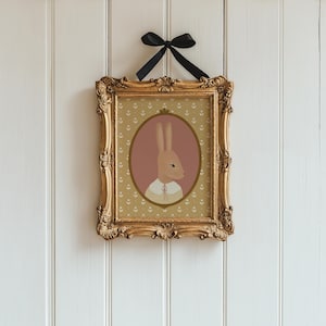 May include: A framed print of a brown rabbit wearing a white shirt with a pink background and a gold frame.