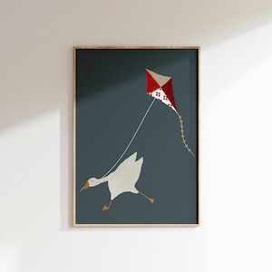 Arte tonto de la pared del ganso, cartel lindo del ganso, decoración del vivero azul oscuro, animal de granja imprimible, ilustración de la habitación del niño rojo, habitación de los niños del ganso