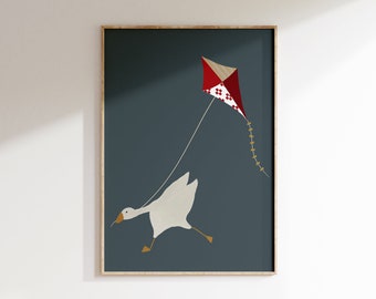 May include: A white goose with a yellow beak runs to the right, pulling a red and white kite with a gold string. The background is a dark blue.