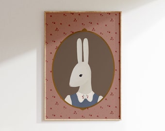 Girl's Room Vintage Rabbit Print Grandmillenial Art Bunny Nursery Print Vintage Aesthetic Nursery Abstract Vintage Painting Farm Nursery Art